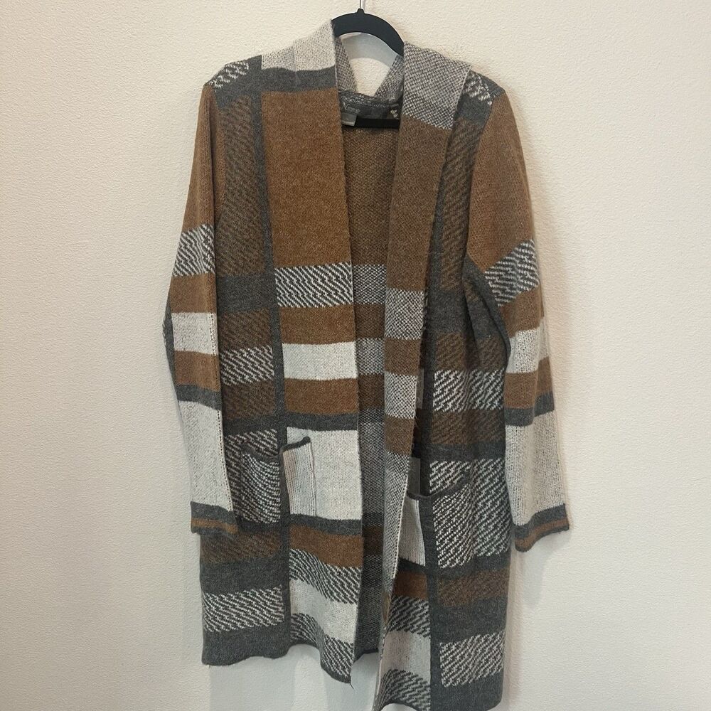Natural Reflections Brown Plaid Hooded Longline Cardigan Duster Sweater XL